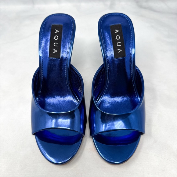 Aqua Lucid Open Toe Slip On Mule Heels Metallic Chrome Blue Retro Rave 90s 5.5 - Picture 1 of 11